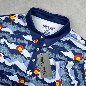 Pins & Aces Golf Polo Shirt Men Large Blue Colorado Mountain Print Stretch NWT